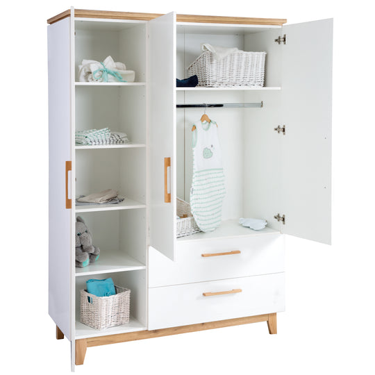 Wardrobe 'Finn', 3 Doors, 2 Drawers, White, with Soft Close Technology, Swing Door Wardrobe