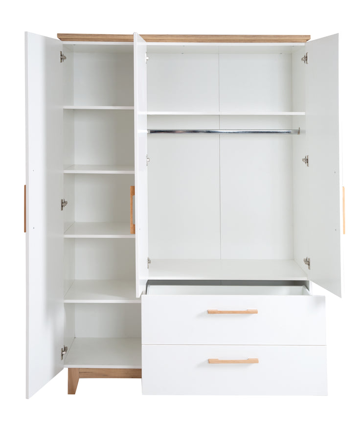 Armoire "Finn", 3 portes, 2 tiroirs, blanc, technologie à fermeture progressive, armoire à portes battantes