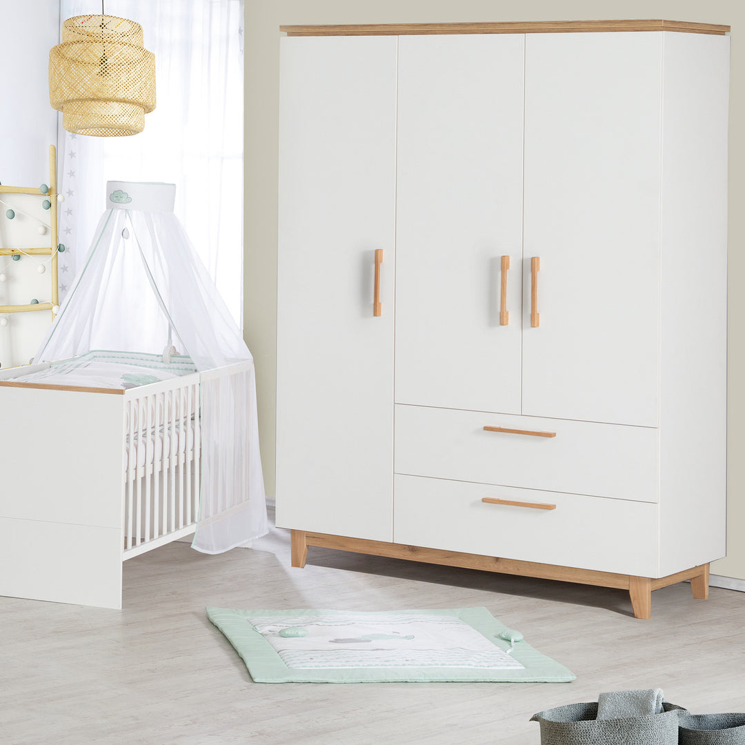 Wardrobe 'Finn', 3 Doors, 2 Drawers, White, with Soft Close Technology, Swing Door Wardrobe