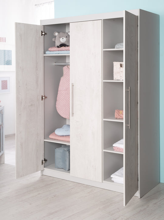 Armadio 'Maren 2', 3 ante, 6 ripiani, armadio a battente, grigio chiaro & bianco