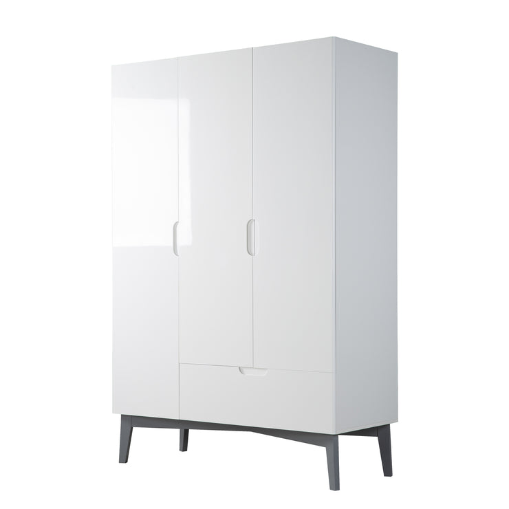 Wardrobe 'Retro 2 ‘, 3-door, with drawer & soft close technology, high-gloss white