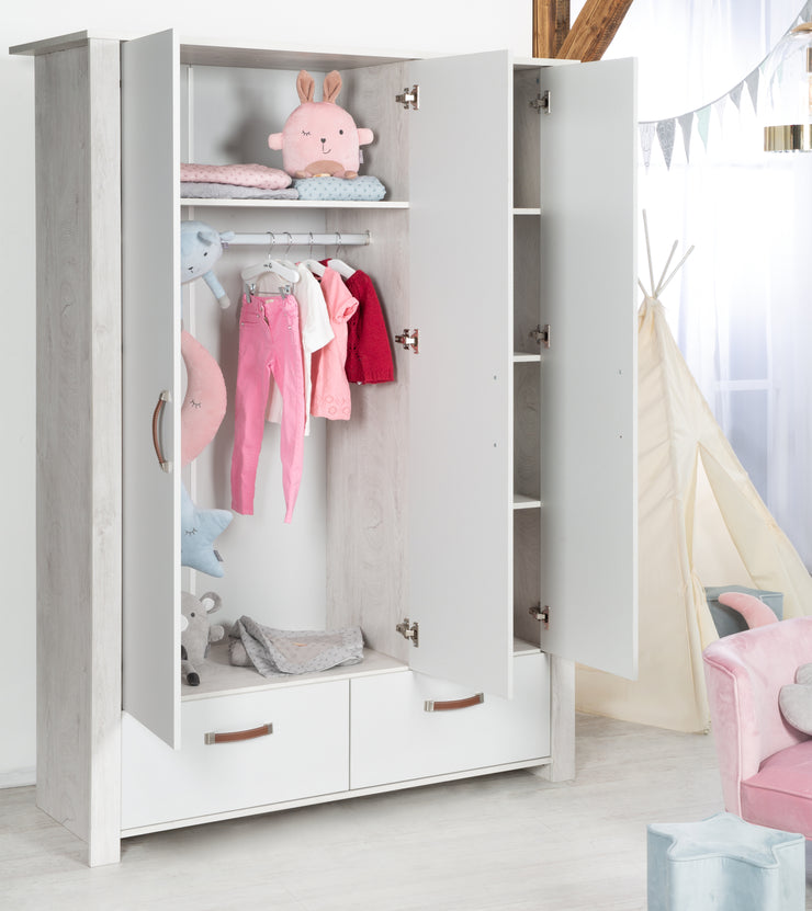 Kinderzimmerset 'Mila', inkl. Kombi-Bett 70 x 140 cm, Wickelkommode & 3-türigem Schrank, grau/weiß