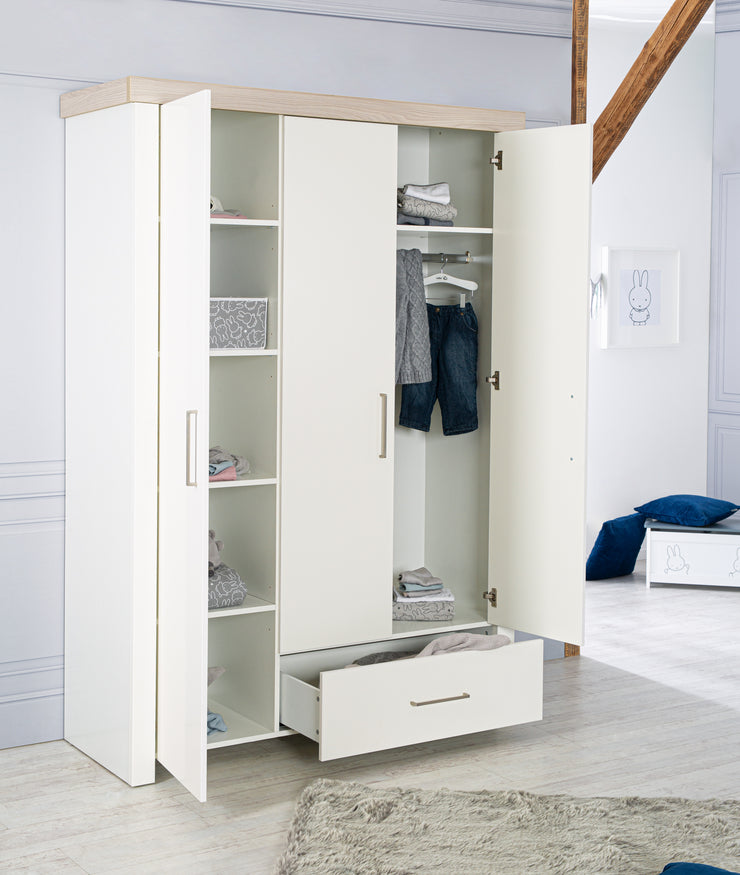 Kleiderschrank 'Lucy' 3-trg, Korpus weiß, Kranz in 'Luna Elm'