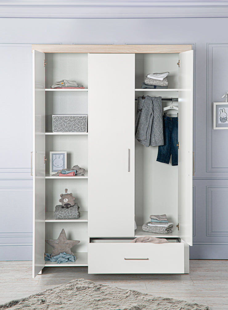 Armoire "Lucy" 3 portes, corps blanc, éléments décoratifs en 'Luna Elm'