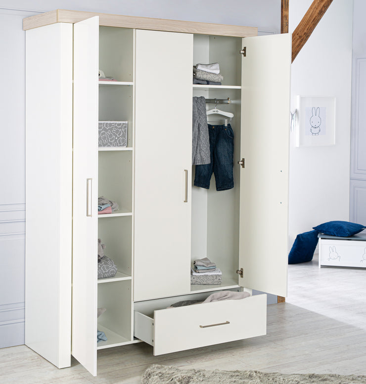 Kleiderschrank 'Lucy' 3-trg, Korpus weiß, Kranz in 'Luna Elm'