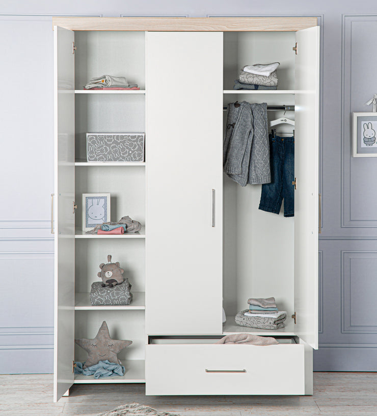 Armoire "Lucy" 3 portes, corps blanc, éléments décoratifs en 'Luna Elm'