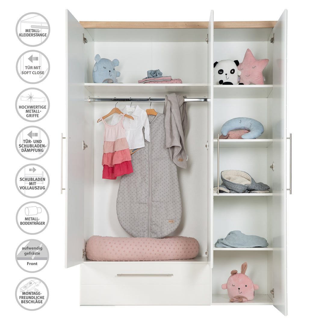 Kleiderschrank 'Nele', 3-trg, mit modernen horizontalen Fräsungen, Artisan Eiche/weiß