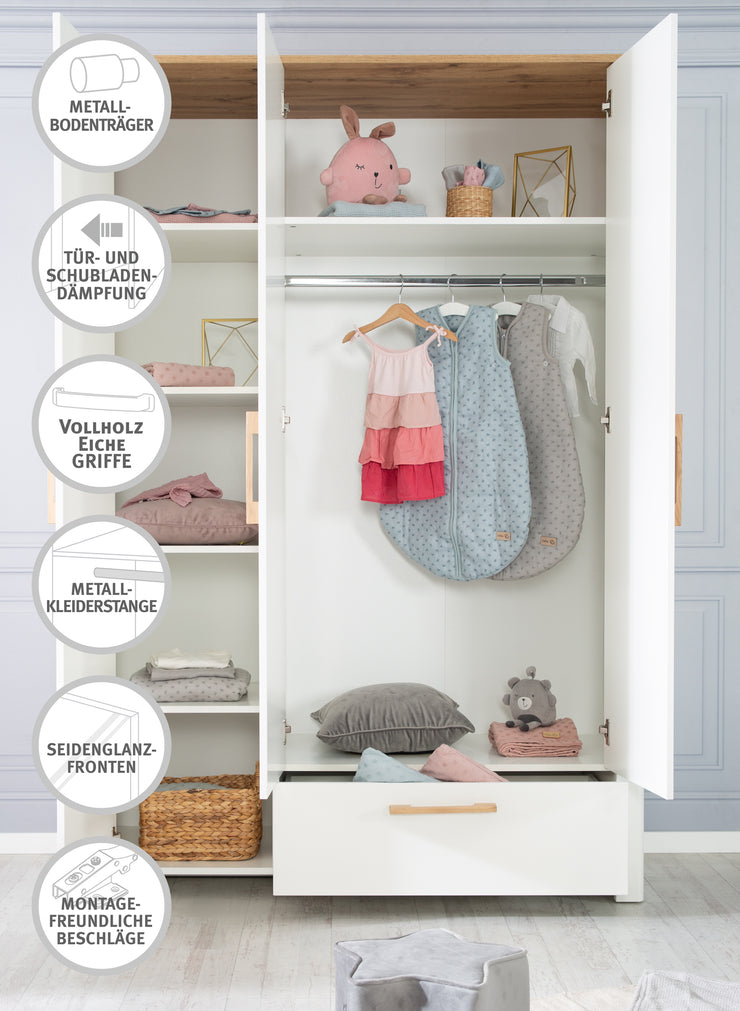 Armoire 'Ava' 3 portes en blanc, avec plateau supérieur en 'Chêne Artisan', h x l x p : 200 x 137 x 53 cm