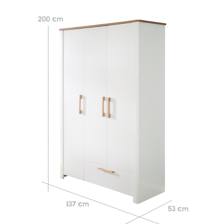 Armoire 'Ava' 3-Trg. en blanc, avec plaque de couverture dans «Artisan Eiche», HXBXT: 200 x 137 x 53 cm