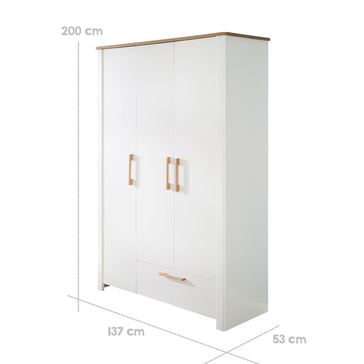 Kleiderschrank 'Ava' 3-trg. in weiß, mit Deckplatte in 'Artisan Eiche‘, HxBxT: 200 x 137 x 53 cm