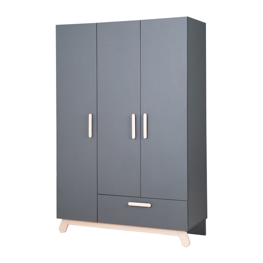 Armoire 'Jara' 3 portes, anthracite, avec pieds & poignées en bois massif