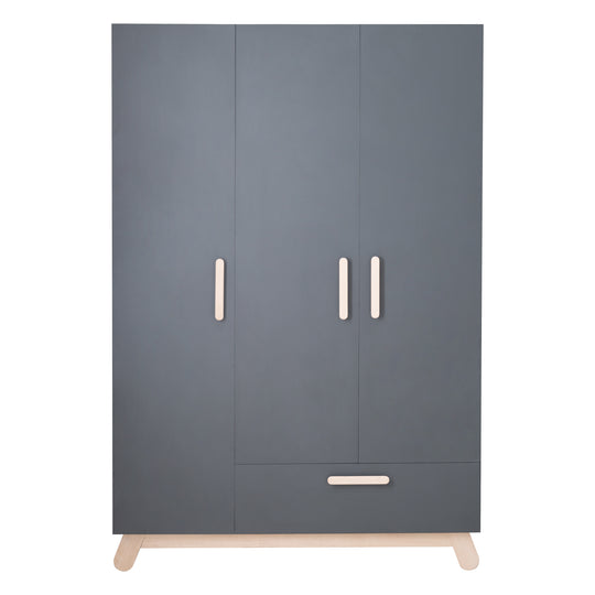Armoire 'Jara' 3 portes, anthracite, avec pieds & poignées en bois massif