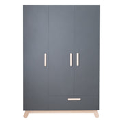 Armoire "Jara" 3 portes, anthracite, avec pieds et poignées en hêtre véritable