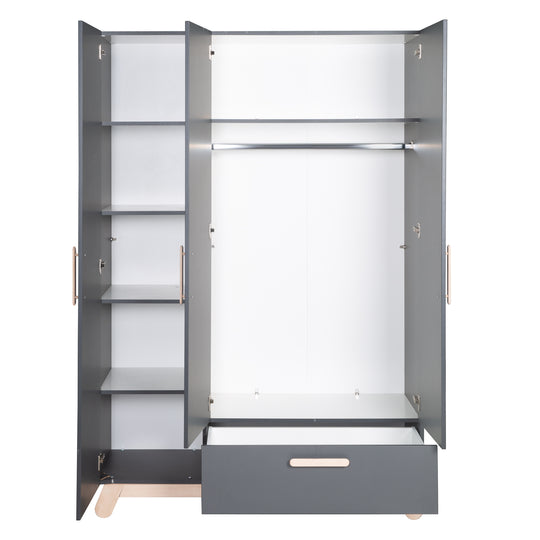 Armoire 'Jara' 3 portes, anthracite, avec pieds & poignées en bois massif