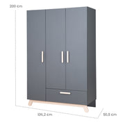 Armoire "Jara" 3 portes, anthracite, avec pieds et poignées en hêtre véritable