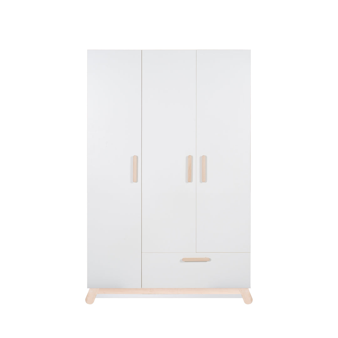 Armoire 'Clara' 3 portes, blanc, avec pieds & poignées en bois véritable