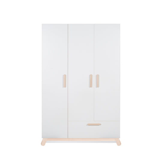 Armoire 'Clara' 3 portes, blanc, avec pieds & poignées en bois véritable