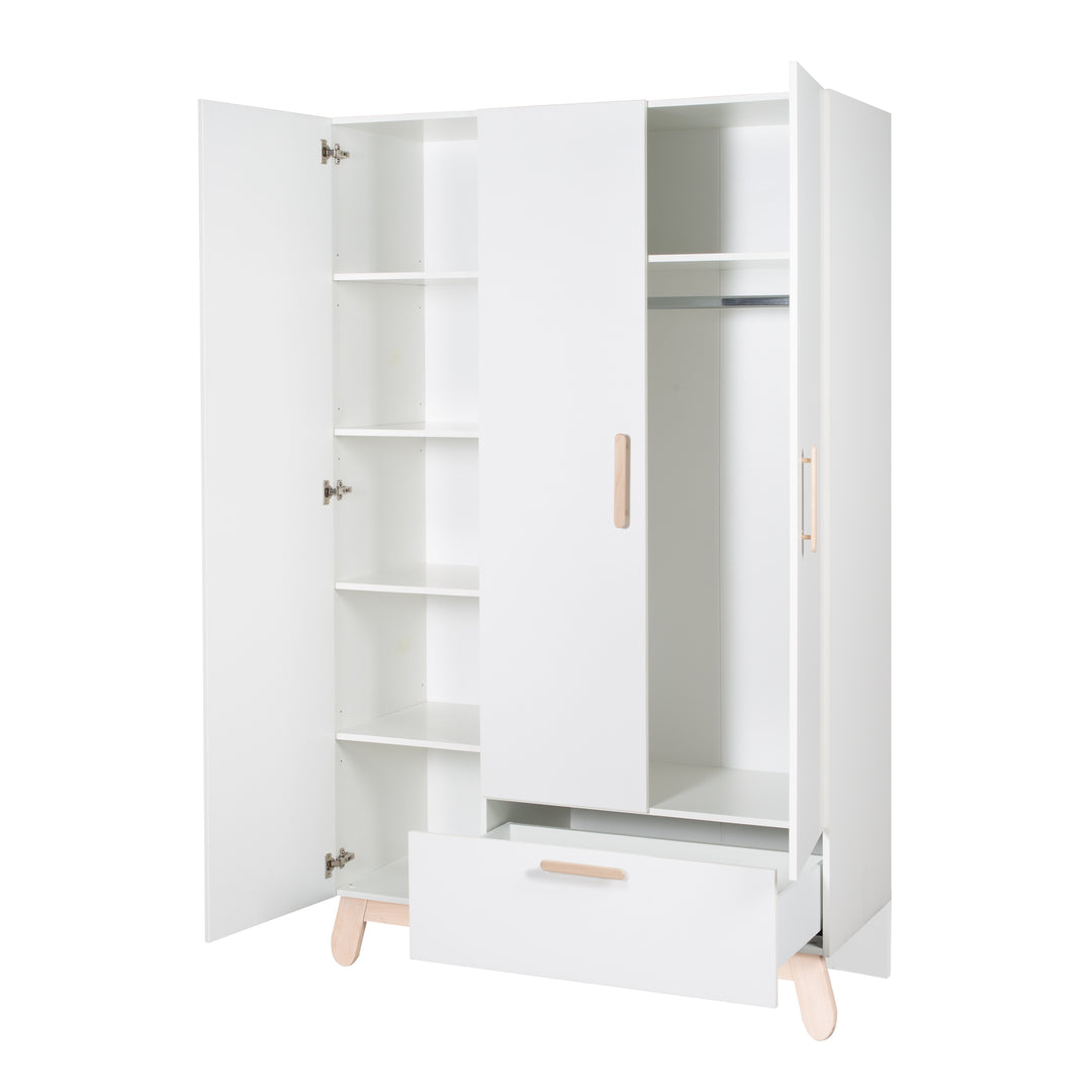 Armoire 'Clara' 3 portes, blanc, avec pieds & poignées en bois véritable