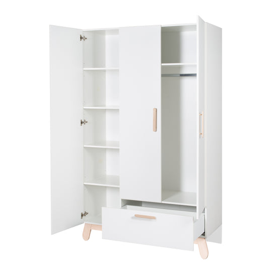 Armoire 'Clara' 3 portes, blanc, avec pieds & poignées en bois véritable