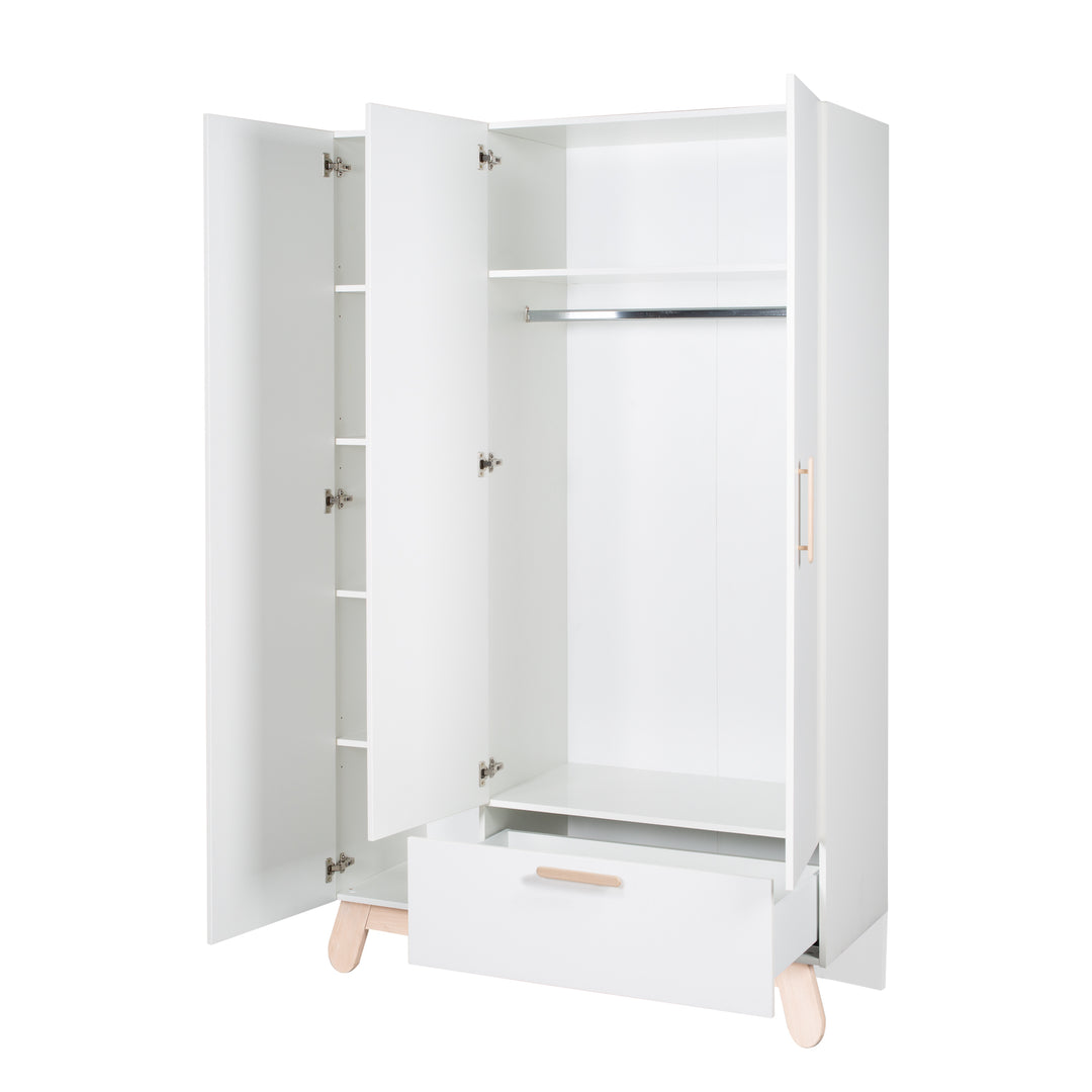 Armoire 'Clara' 3 portes, blanc, avec pieds & poignées en bois véritable