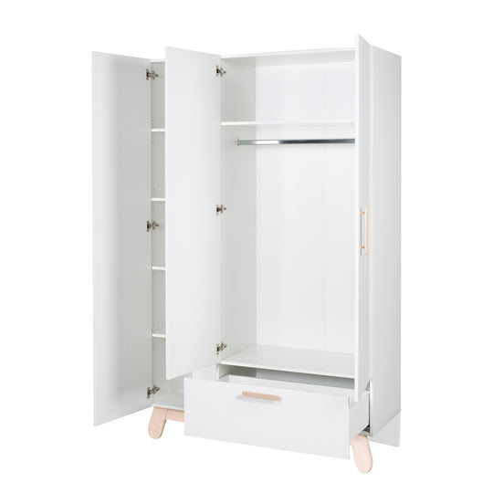 Armoire 'Clara' 3 portes, blanc, avec pieds & poignées en bois véritable