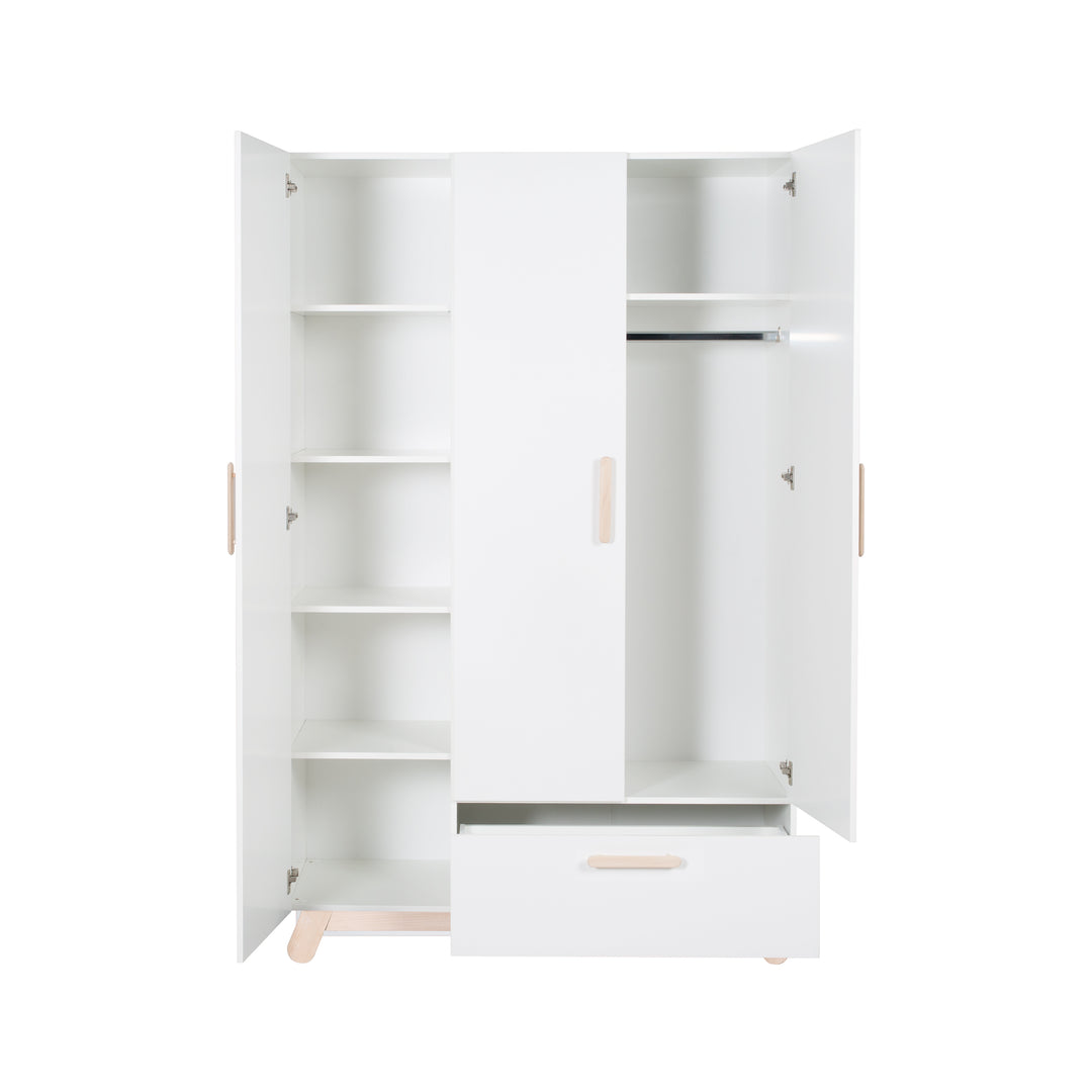 Armoire 'Clara' 3 portes, blanc, avec pieds & poignées en bois véritable