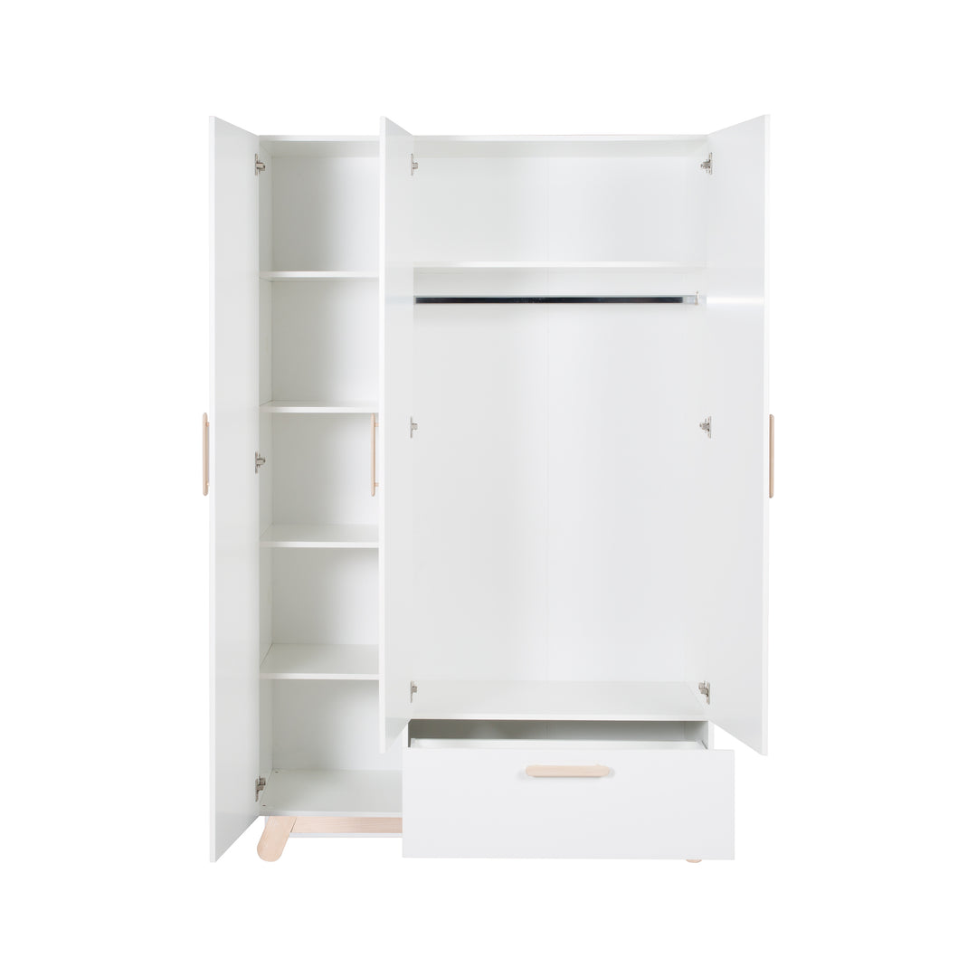 Armoire 'Clara' 3 portes, blanc, avec pieds & poignées en bois véritable