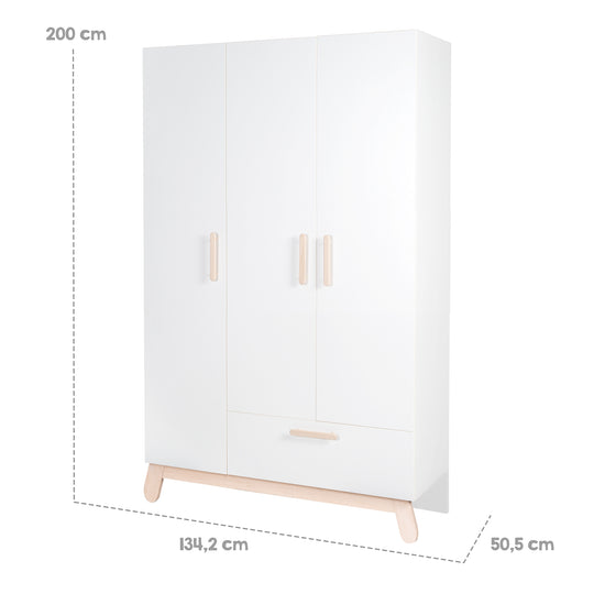 Armoire 'Clara' 3 portes, blanc, avec pieds & poignées en bois véritable