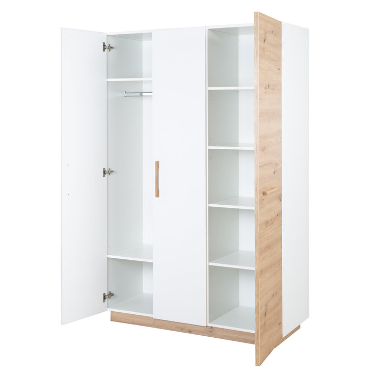 Garde-robe 'lion' 3 -Door - décoration blanche / bois «chêne artisan» - poignées en chêne massif
