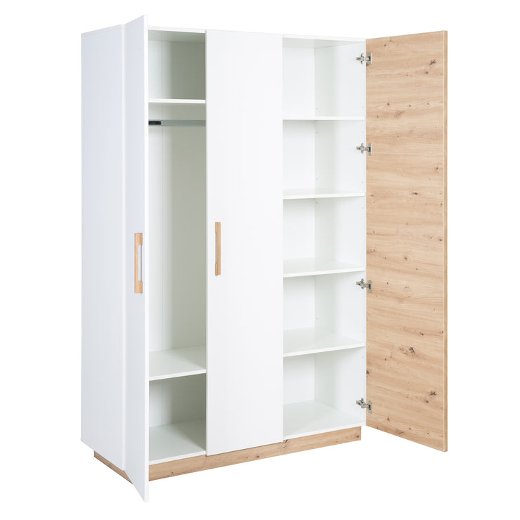 Garde-robe 'lion' 3 -Door - décoration blanche / bois «chêne artisan» - poignées en chêne massif