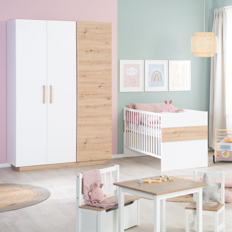 Garde-robe 'lion' 3 -Door - décoration blanche / bois «chêne artisan» - poignées en chêne massif