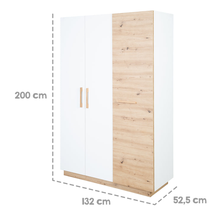 Armoire "Lion" 3 portes - Blanc / Décor bois "Chêne Artisan" - Poignées en chêne massif