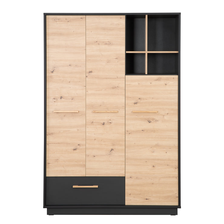 Armoire "Lenn" 3 portes - Anthracite - Décor bois Chêne Artisan - Poignées en bois massif