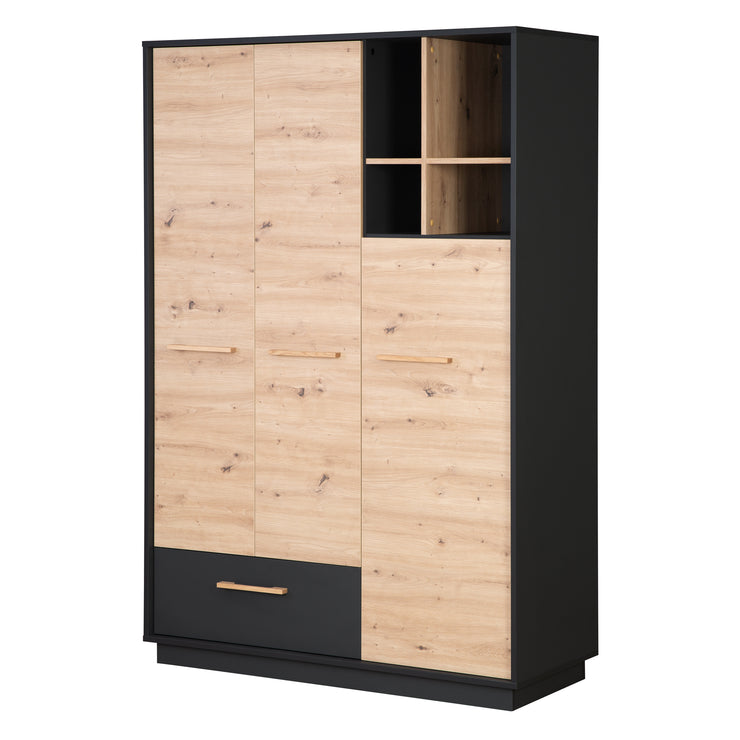 Armoire "Lenn" 3 portes - Anthracite - Décor bois Chêne Artisan - Poignées en bois massif