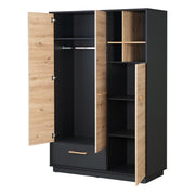 Armoire "Lenn" 3 portes - Anthracite - Décor bois Chêne Artisan - Poignées en bois massif