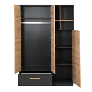 Armoire "Lenn" 3 portes - Anthracite - Décor bois Chêne Artisan - Poignées en bois massif