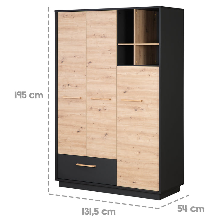 Armoire "Lenn" 3 portes - Anthracite - Décor bois Chêne Artisan - Poignées en bois massif