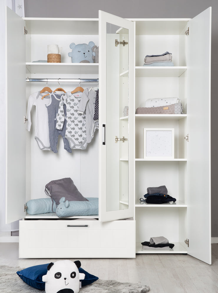 Armario 'Sylt' 3-Trg. incluyendo la puerta del espejo, cajón, barra de ropa y 5 pisos, con fresado decorativo