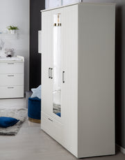 Armoire "Sylt" 3 portes, incl. miroir, tiroir, tringle à vêtements et 5 tablettes, avec fraisage décoratif