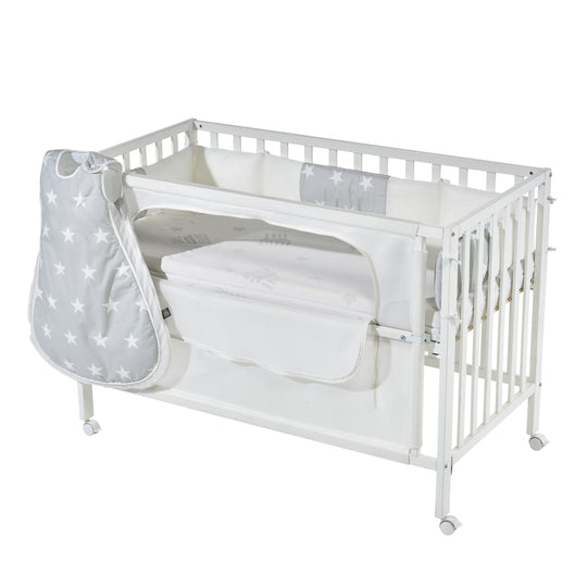 Room Bed 'safe asleep®', 60 x 120 cm, 'Sterne grau', Beistellbett inkl. Ausstattung, weiß lackiert