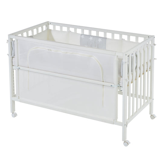 Room Bed 'safe asleep®', 60 x 120 cm, 'Sterne grau', Beistellbett inkl. Ausstattung, weiß lackiert
