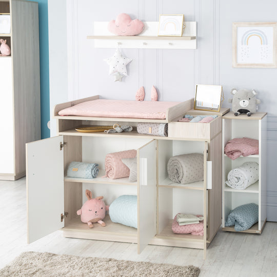 Möbelset 'Olaf' inkl. Kombi-Bett 70 x 140 cm & breiter Wickelkommode, Luna Elm/weiß