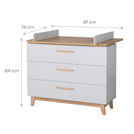 Children's Room Set 'Caro', including Convertible Bed 70 x 140 cm, Changing Table & 3-Door Wardrobe, Light Gray/Gold Oak