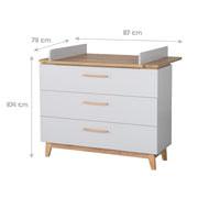 Commode "Caro" avec table à langer, 3 tiroirs, fermeture progressive, hauteur à langer 94 cm