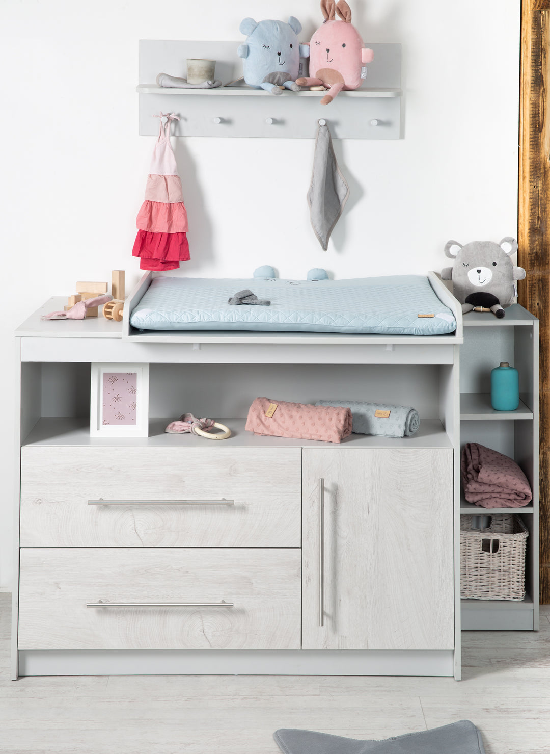 Set da camera per bambini 'Maren 2', incluso letto combi 70 x 140 cm, cambio petto & mobile a 3 porte, grigio chiaro/bianco