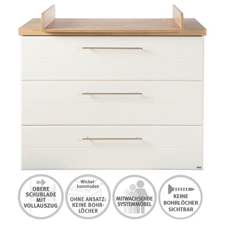 Wickelkommode 'Nele' breit, inkl. Wickelansatz, 3 Schubladen, Kranz in 'Artisan Eiche'