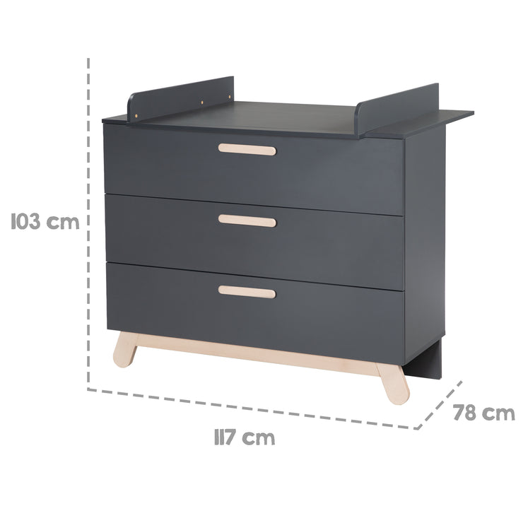 Changing Table Dresser 'Jara', anthracite, beech real wood feet & handles, changing height 93 cm