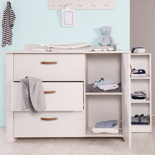 Cómoda 'Mila' con cambiador, cierre suave, 3 cajones, 1 puerta, altura de cambio 90,5 cm