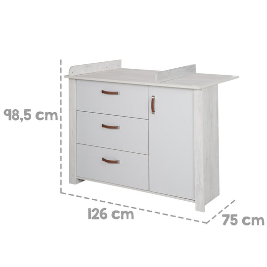 Cómoda 'Mila' con cambiador, cierre suave, 3 cajones, 1 puerta, altura de cambio 90,5 cm