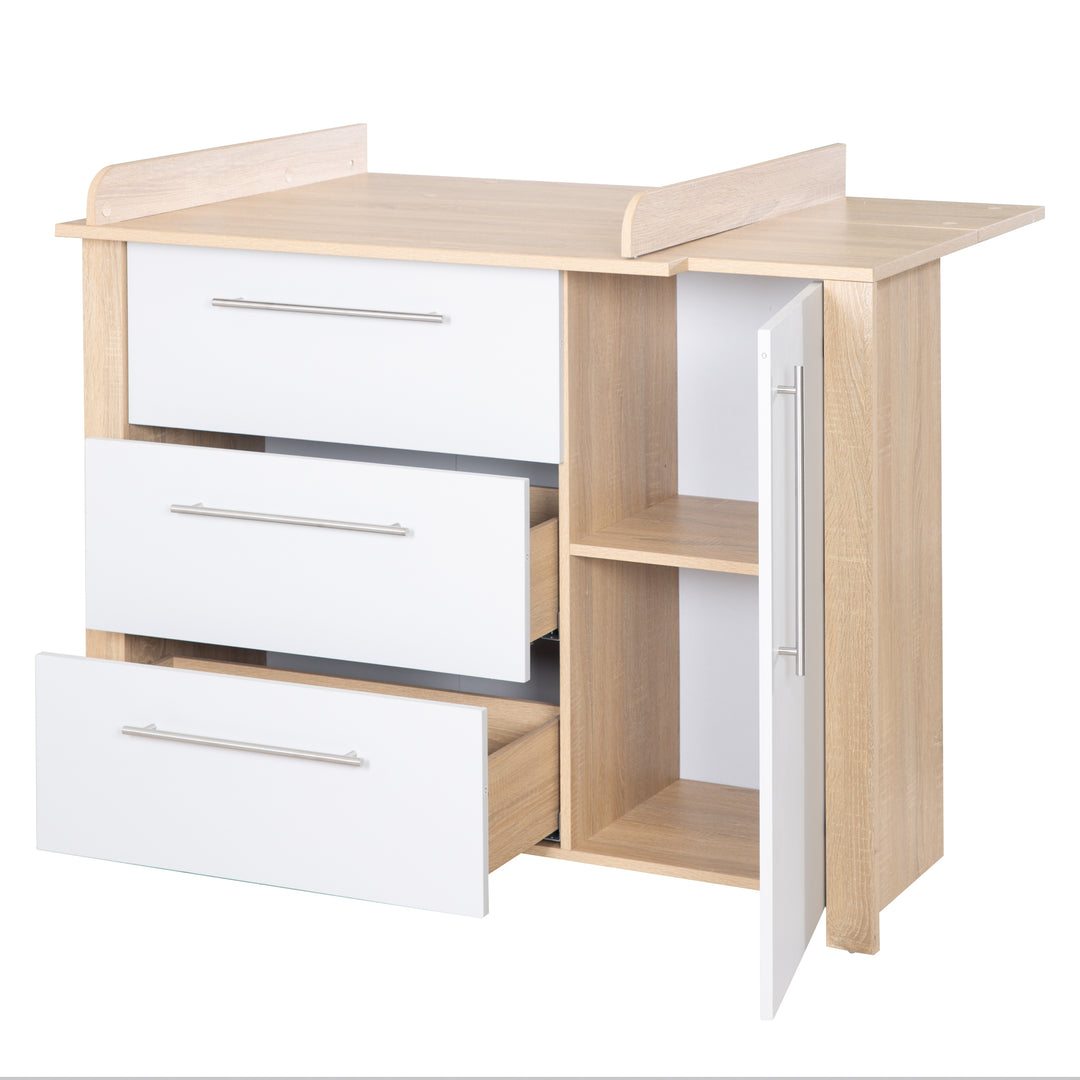 Cassettiera fasciatoio 'Matilda', close morbide, 3 cassetti, 1 porta, rovere sägerau/ grigio